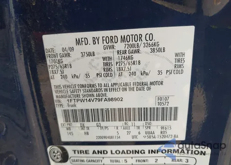 2009 Ford F-150 Fx4/King Ranch/Lariat/Platinum/Xl/Xlt из США, поврежденный, VIN 1FTPW14V79FA98902